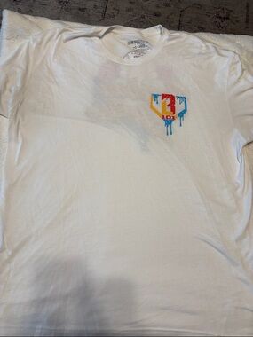 Men's White Short Sleeve Tee with Colorful Drip Logo